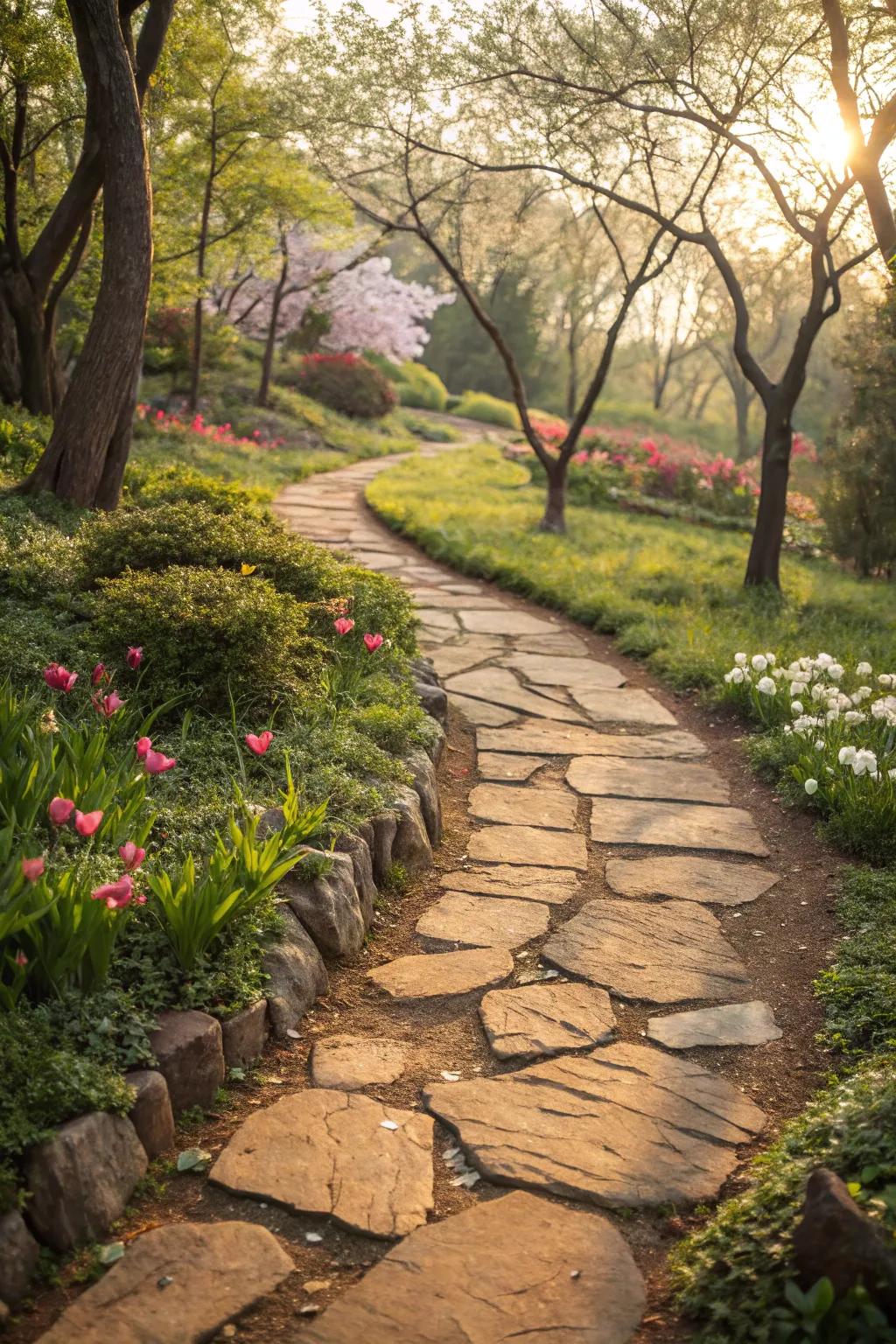 Warm tinted stones produce a welcoming and snug garden path.