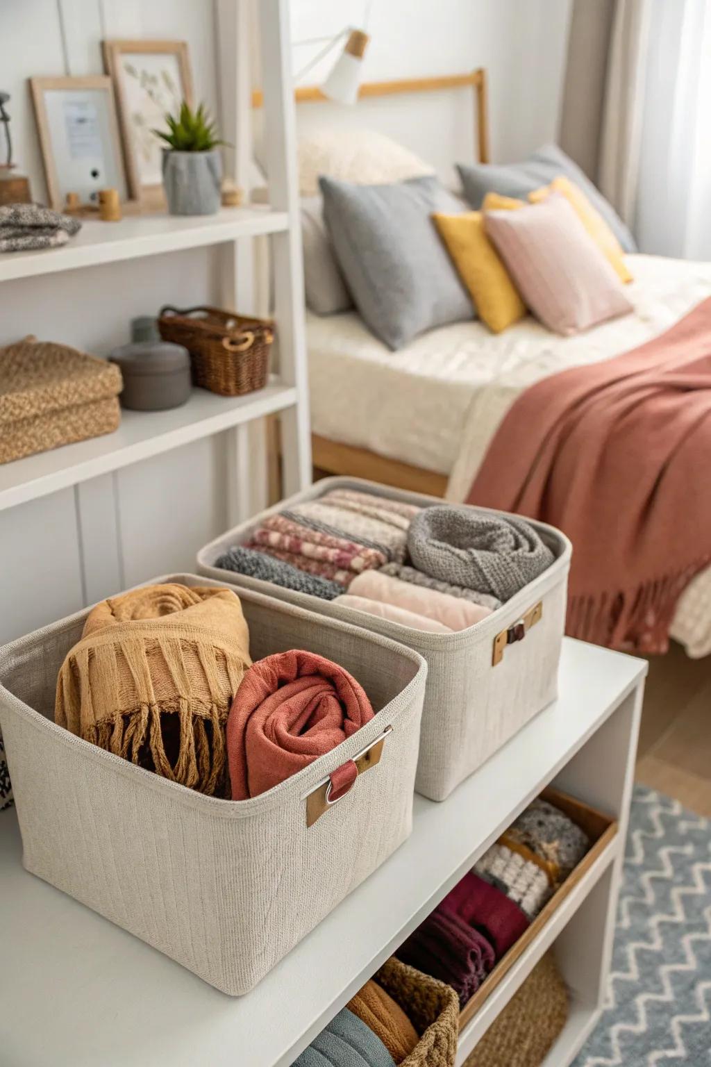 Fabric containers for a soft and organized bedroom.