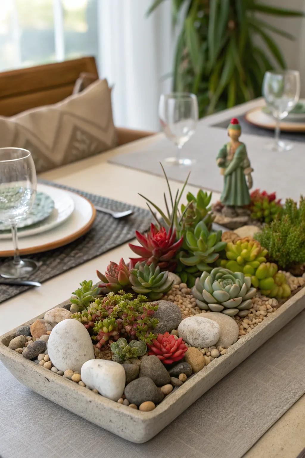 A captivating surface garden featuring succulents and ornamental elements.