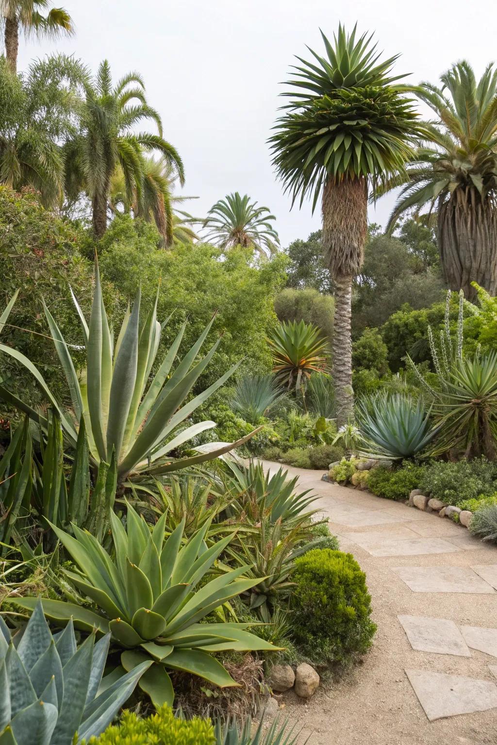 An exotic blend of succulents and tropical flora in a lush outdoor setting.