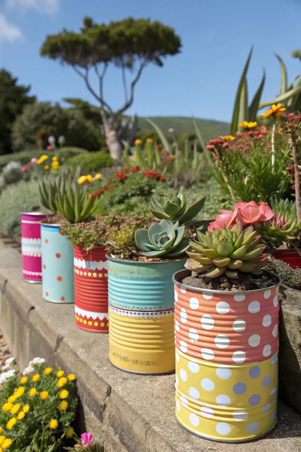 Upcycled tin cans give a bright twist to traditional displays.