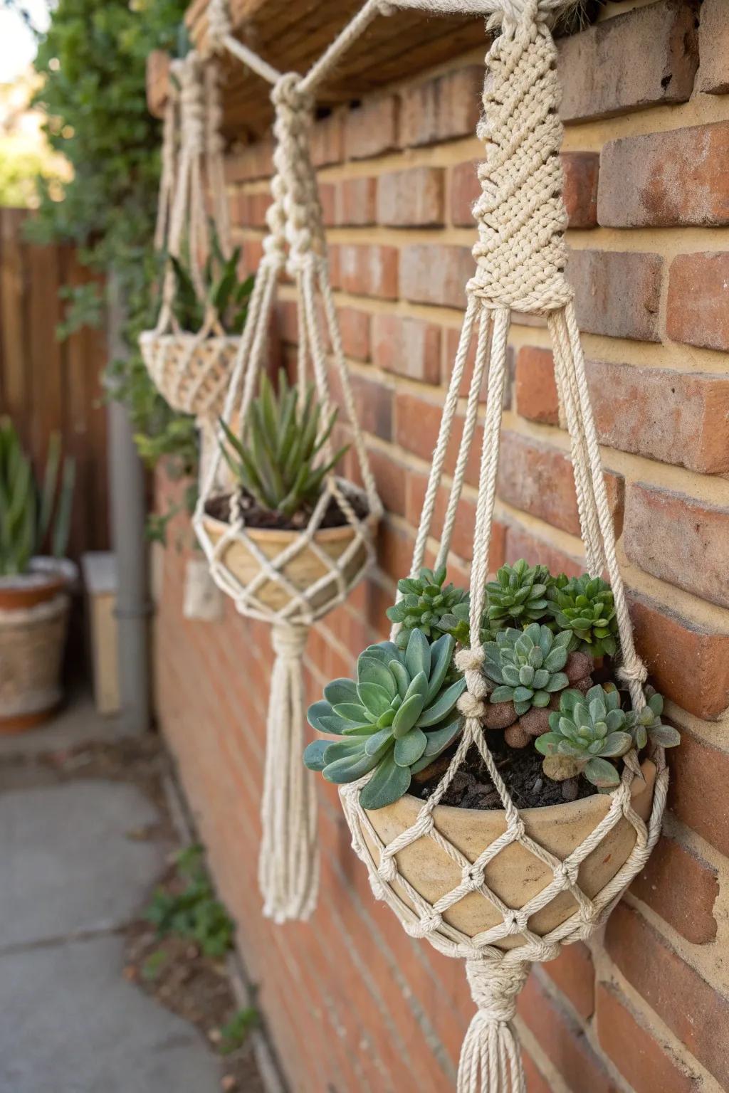 Knotted cordage suspended containers append a boho-chic vibe to succulent displays.