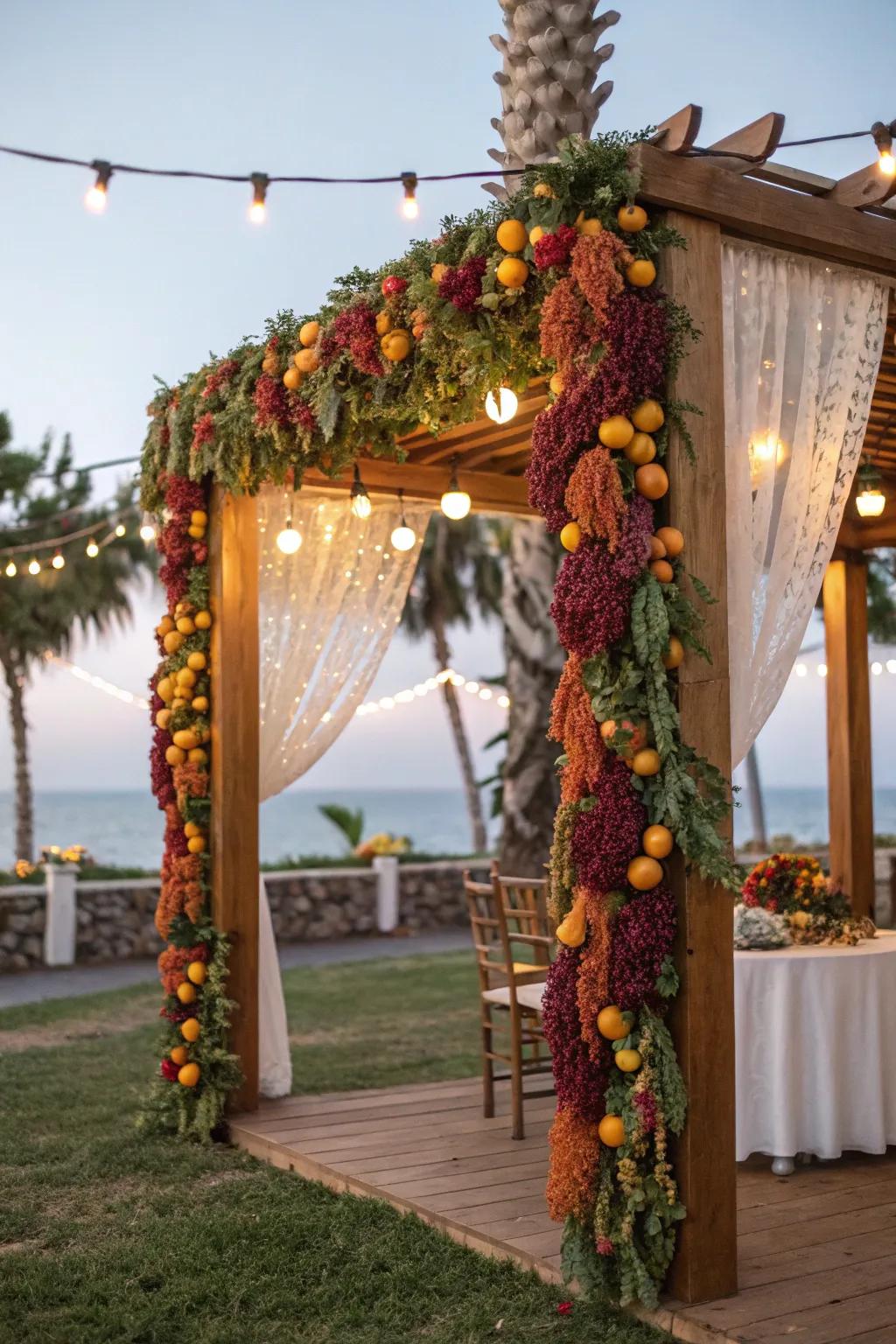 An organically embellished sukkah featuring fragrant dehydrated fruit strands.