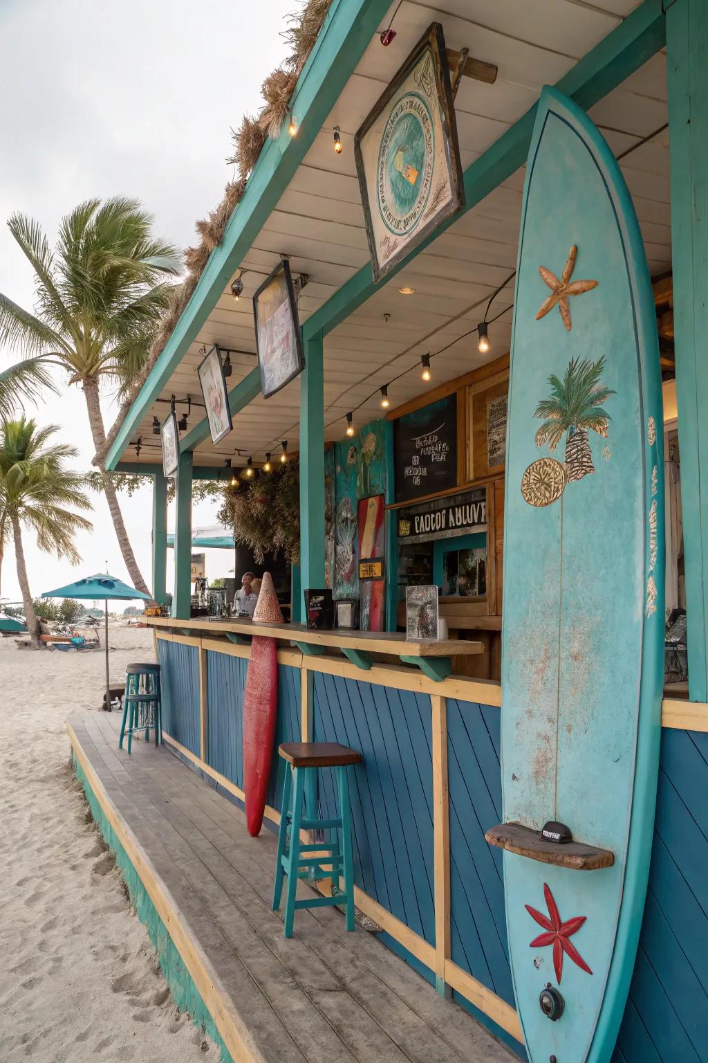 Beach-themed decor brings the ocean vibe to this backyard bar.