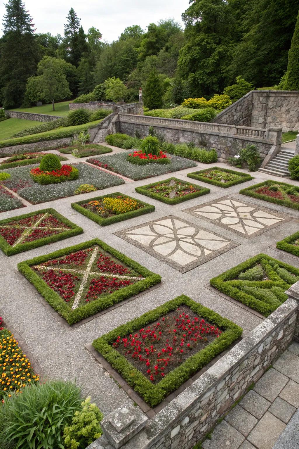 Geometric arrangements add a contemporary spin to this sunken garden.