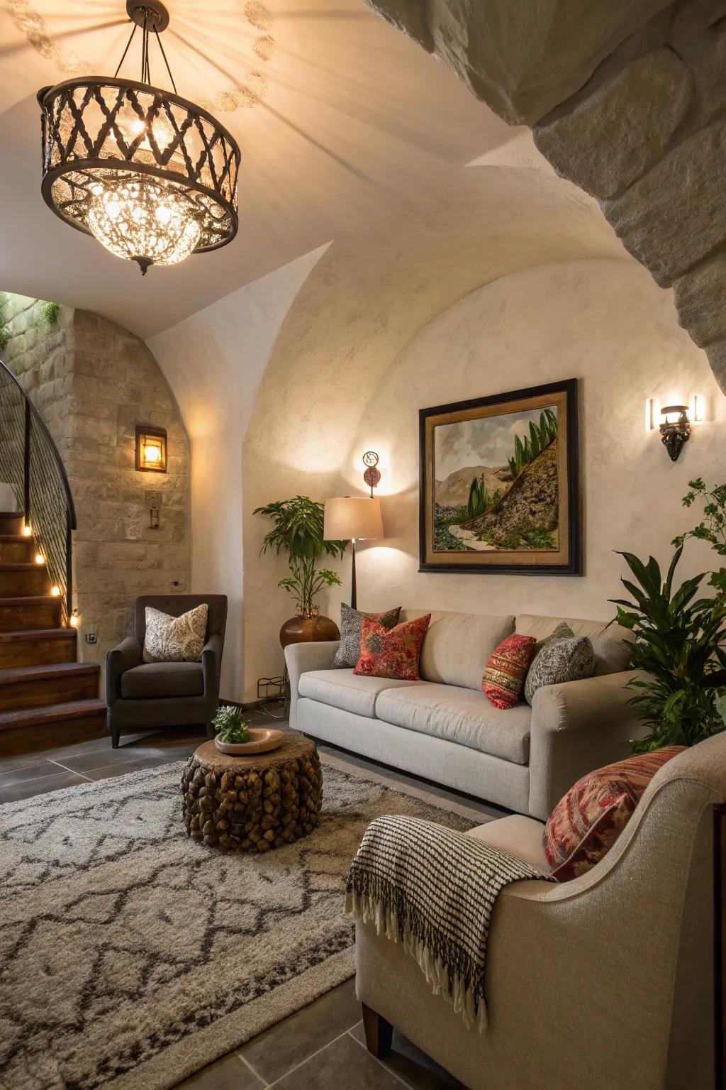 A sunken living room with accent decor and unique lighting.