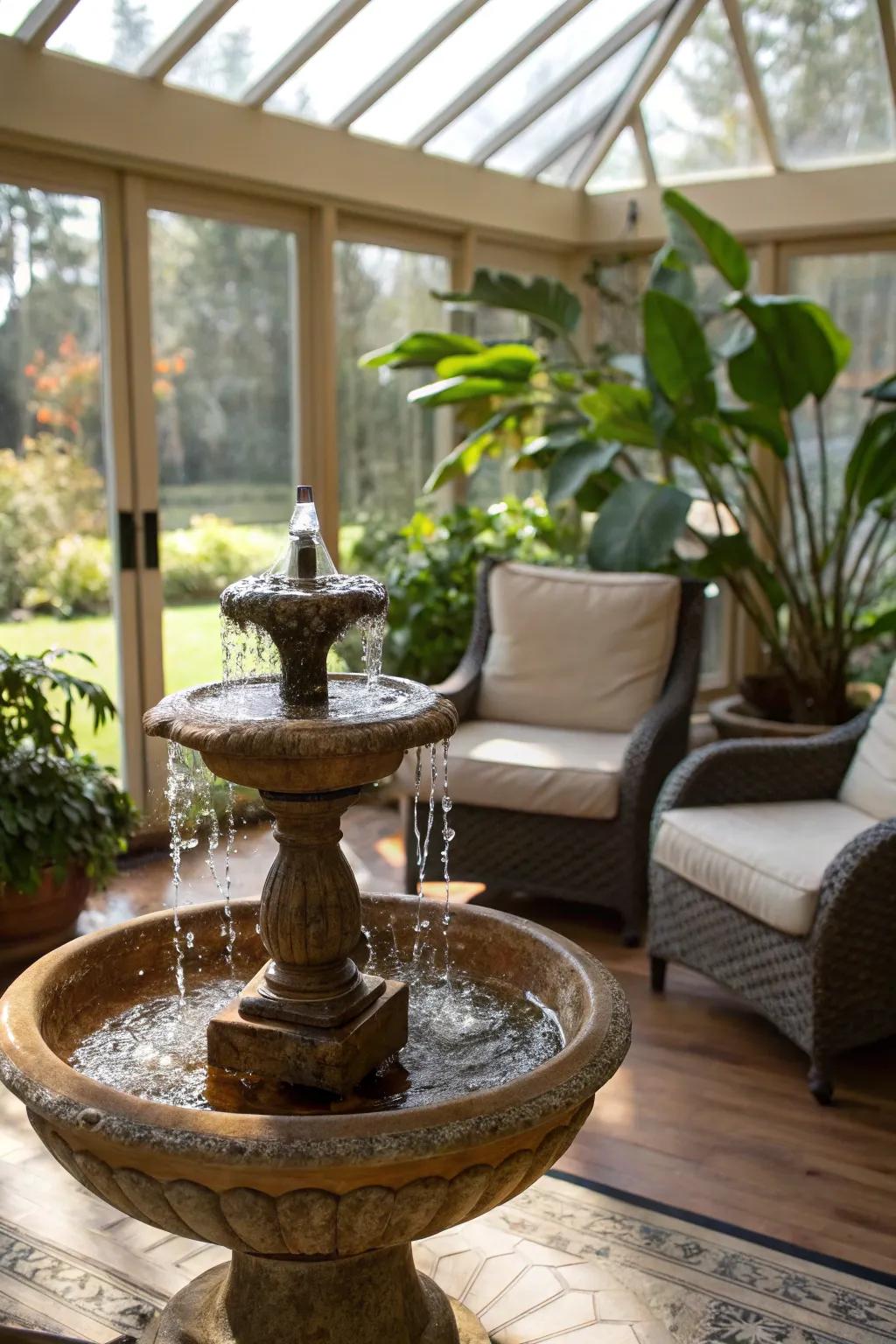 A small fountain infuses tranquility into this sunroom.
