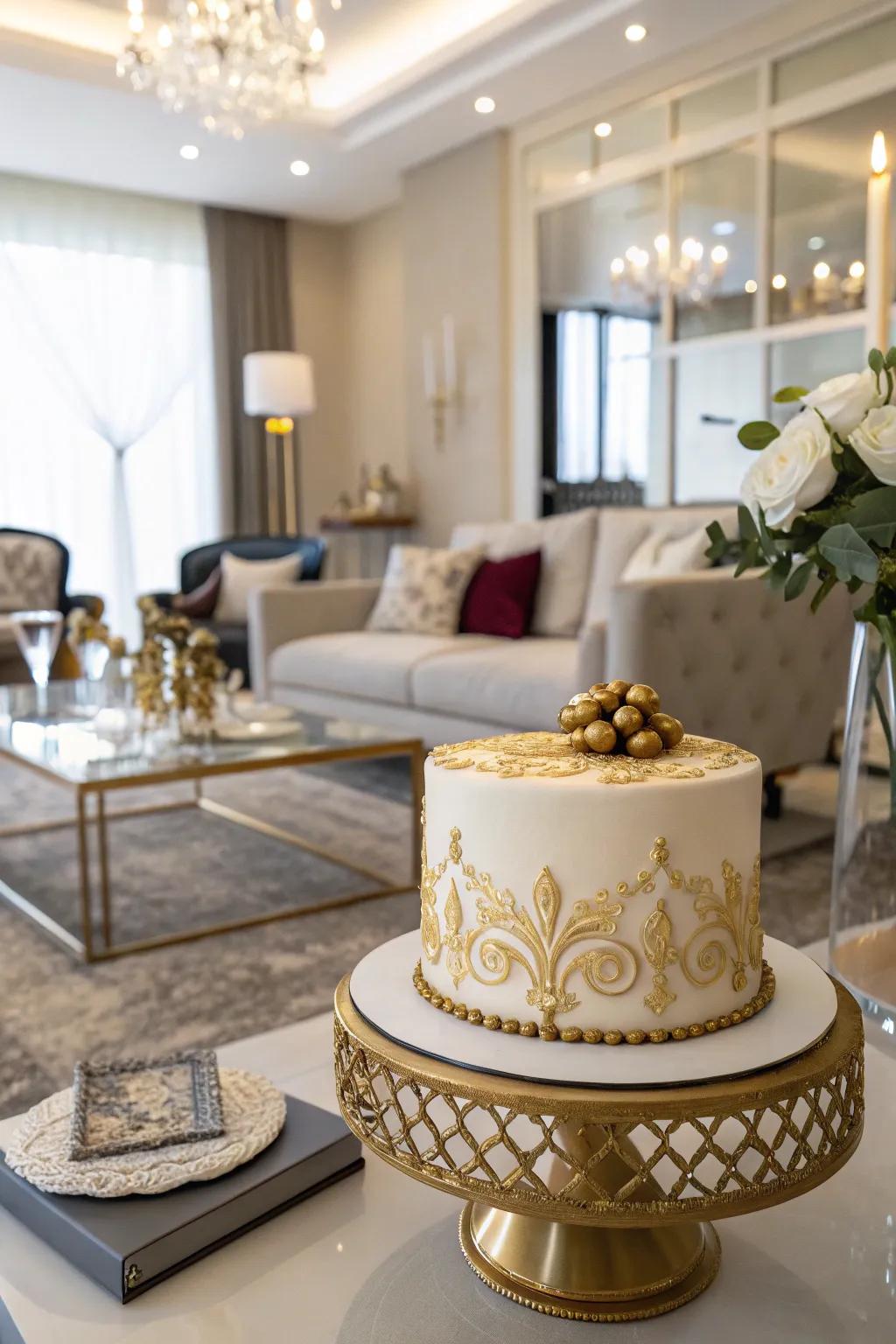 A cake with gilded embellishments, injecting a luxurious touch into the sweet 16 celebration.