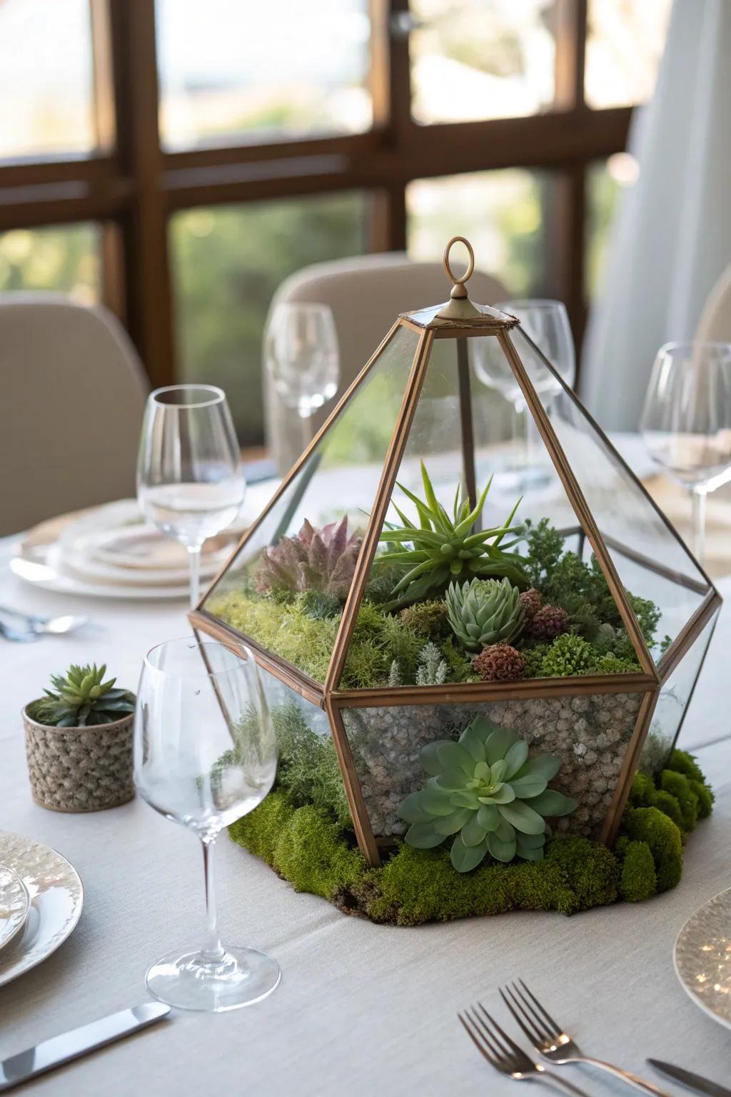 Unique centerpieces such as enclosed ecosystems lend intrigue to the table.