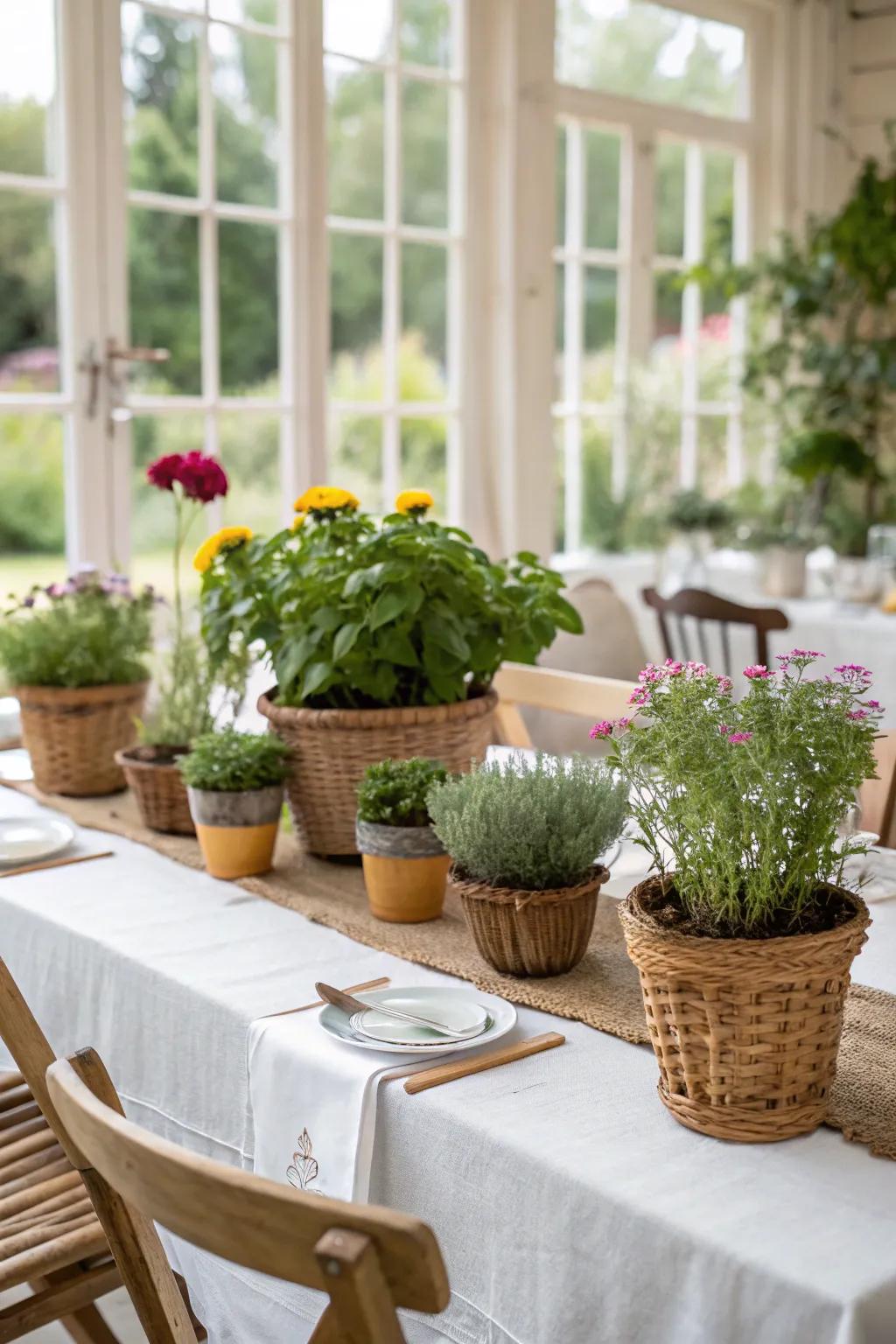A cultivated-inspired table arrangement showcasing potted seasonings and flora.