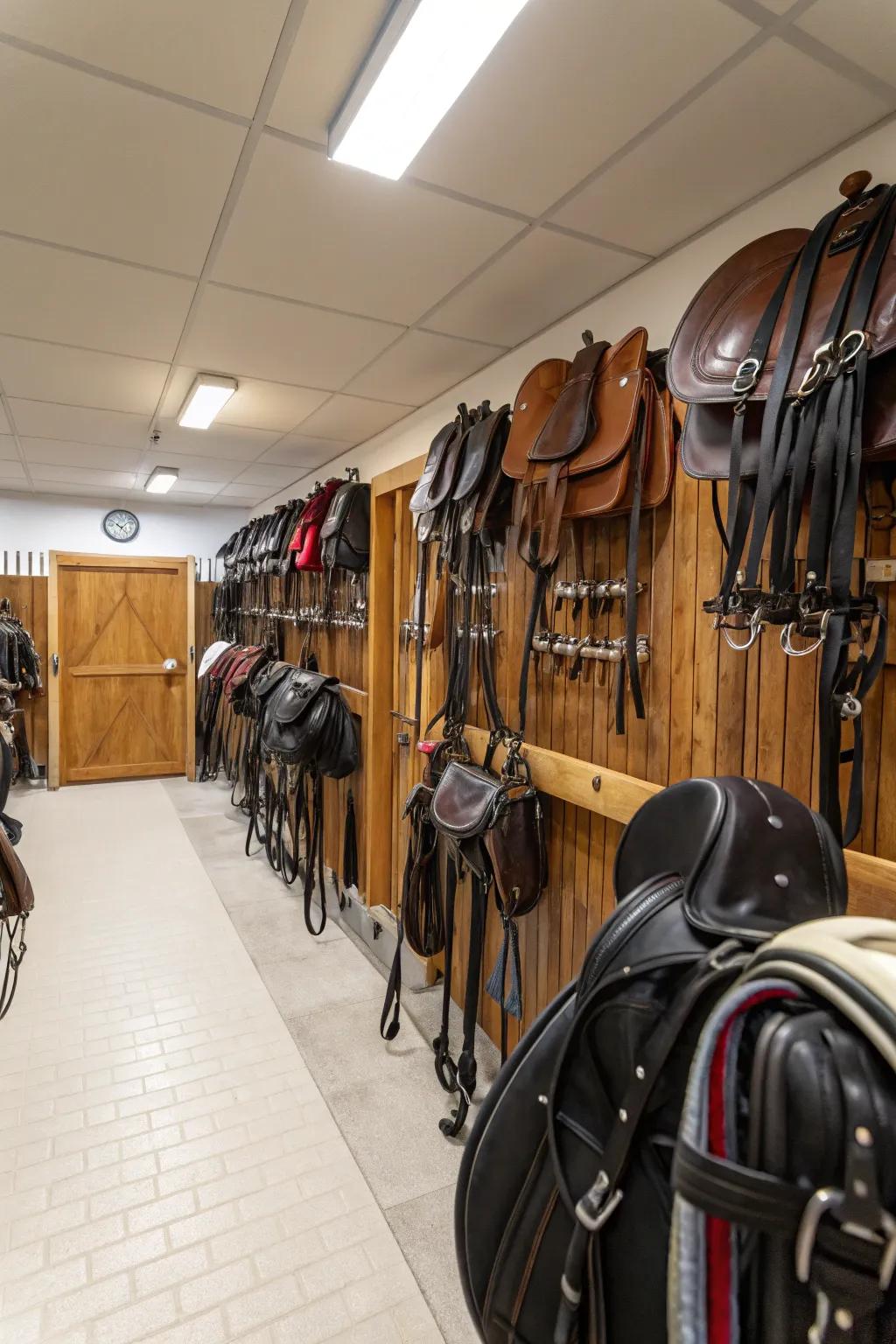 Equipment placed logically for optimal workflow in a tack room.