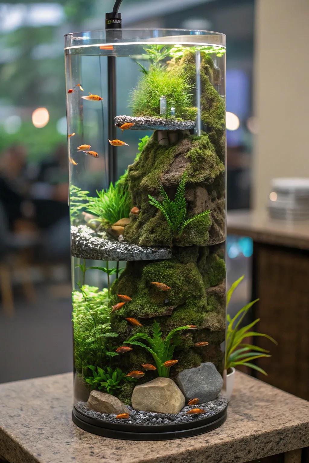 A multi-tiered marvel nestled inside a towering aquarium.
