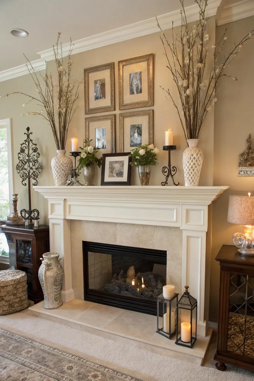 A high mantel with décor that matches the room's color arrangement.