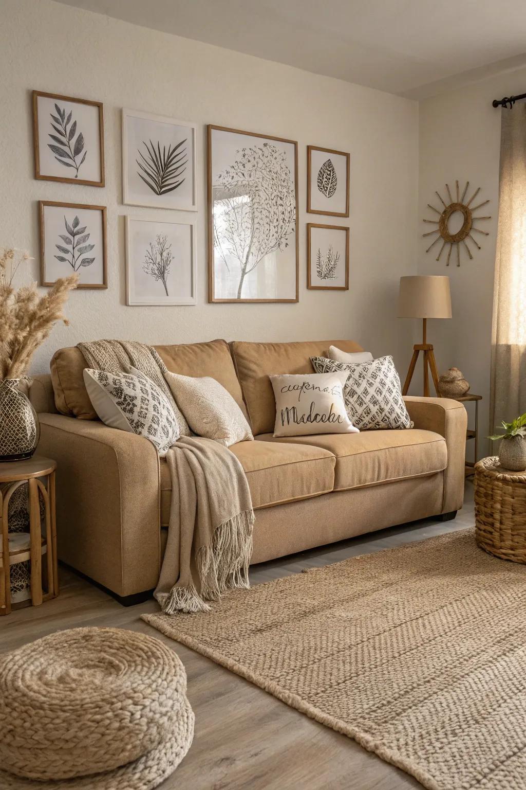 A single-color design boosts the elegance of a beige sofa.