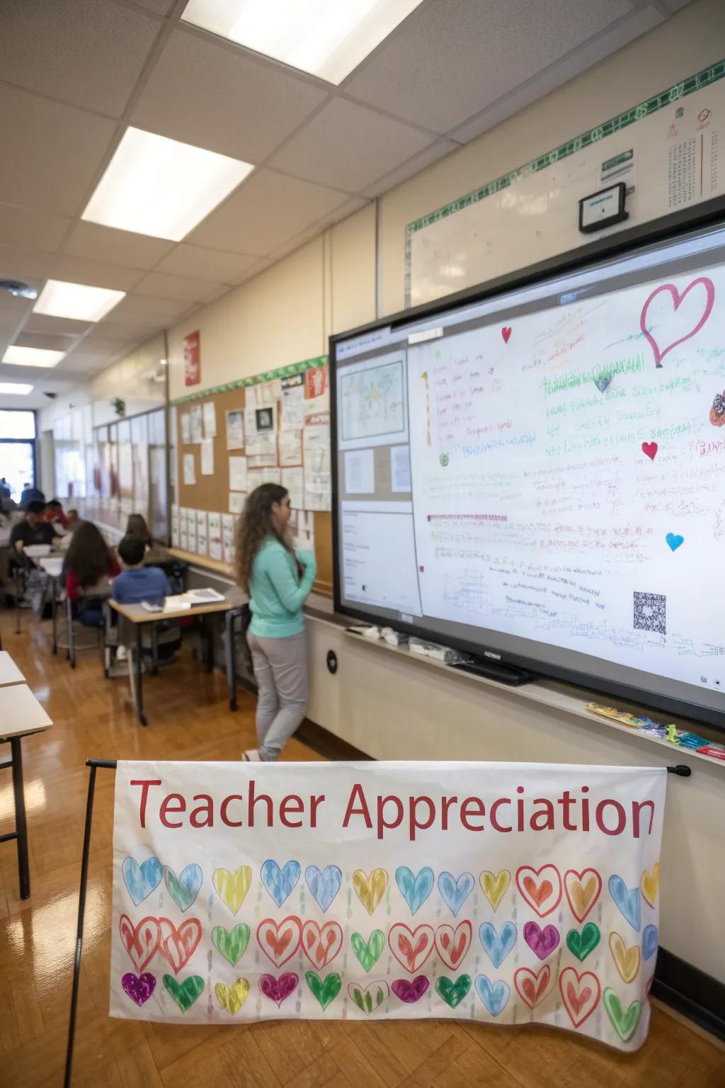 An interactive whiteboard streamer filled with student messages.