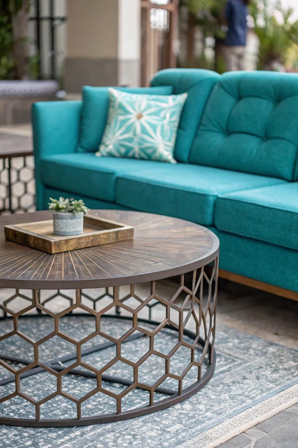 An expression center table can refine the aesthetic of a cobalt settee.