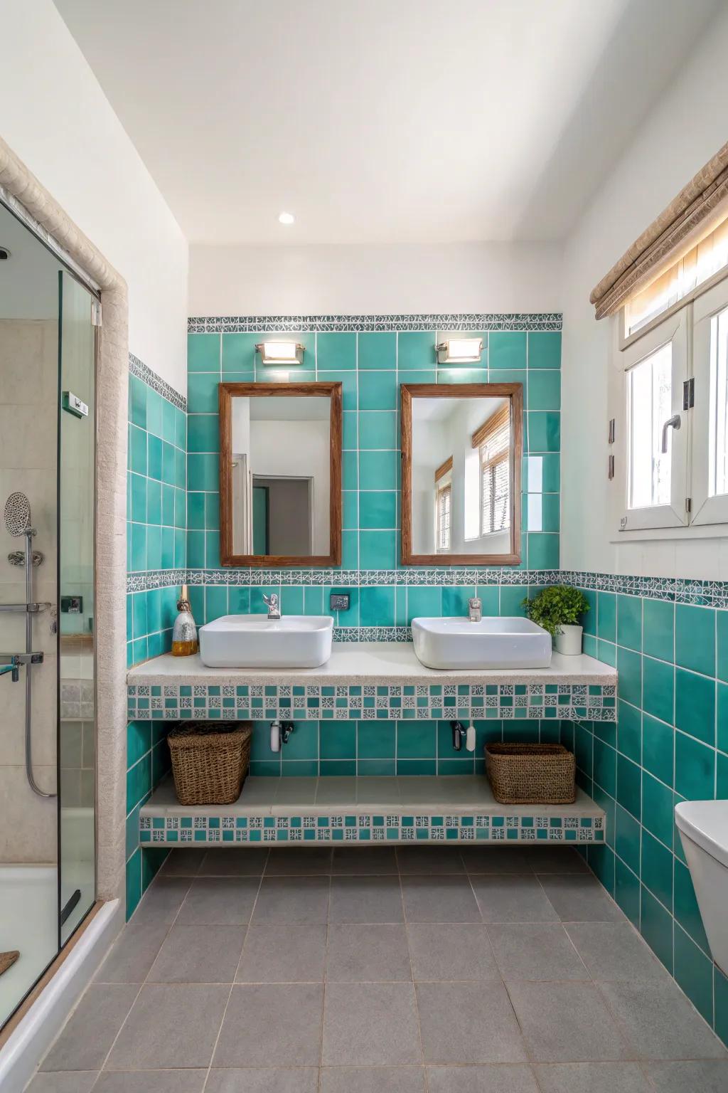 Turquoise ceramic borders deliver an understated yet elegant element.