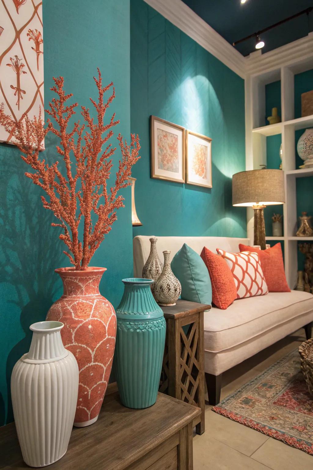 Contemporary and vibrant styling featuring turquoise and coral highlights.