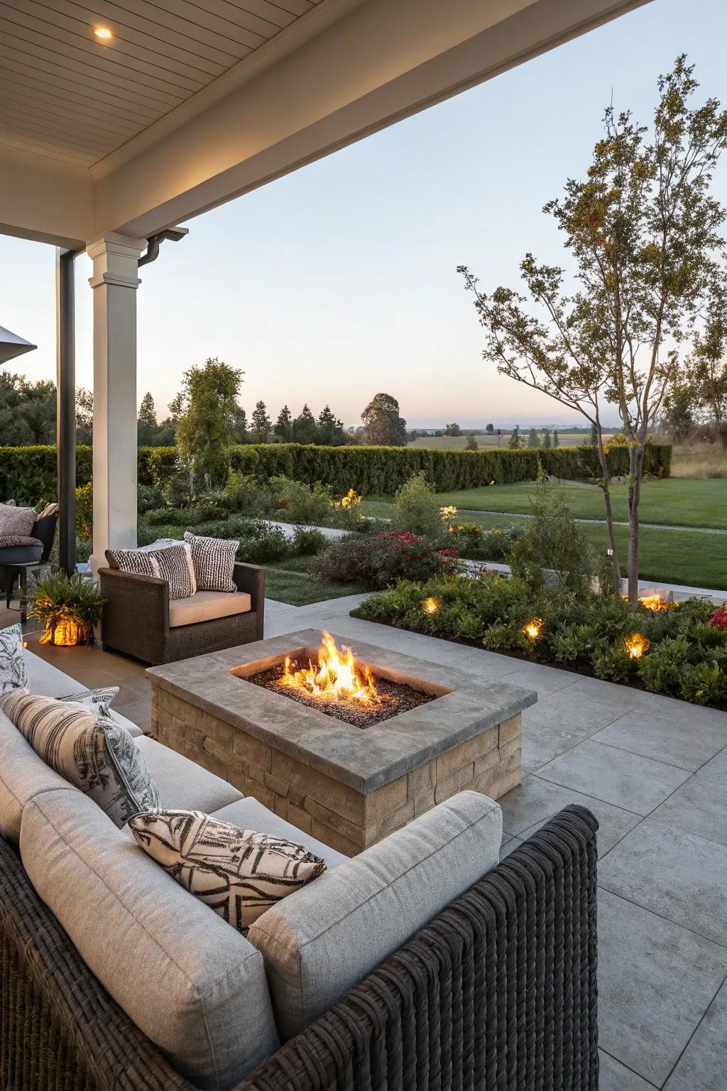 A flame pit creates a snug and welcoming ambiance on your patio.