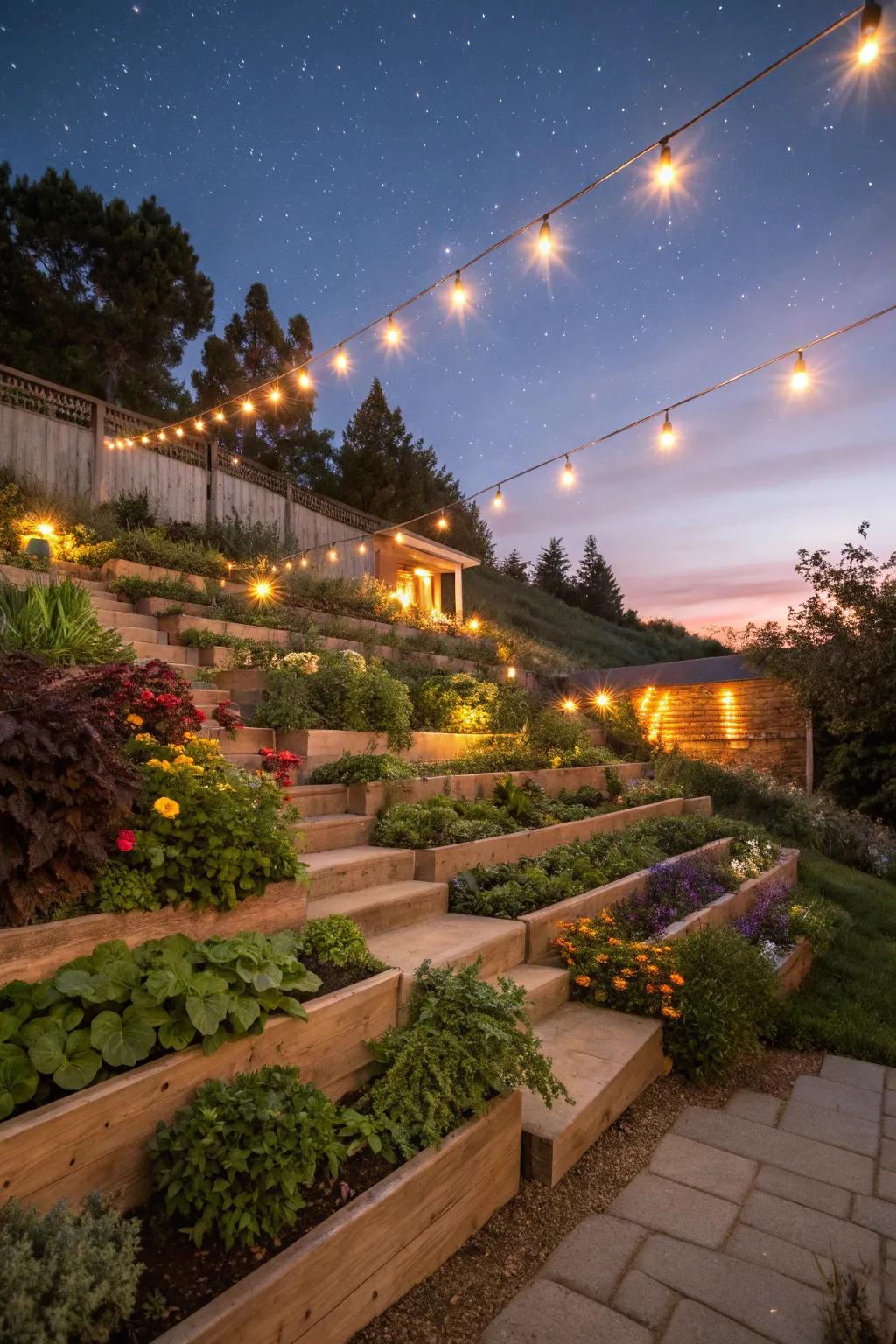 Thoughtful lights in a layered garden, enhancing evening ambiance and safety.