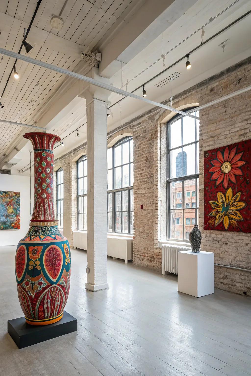 A tridimensional embossed art piece captivates with its interactive design in this chic urban loft.
