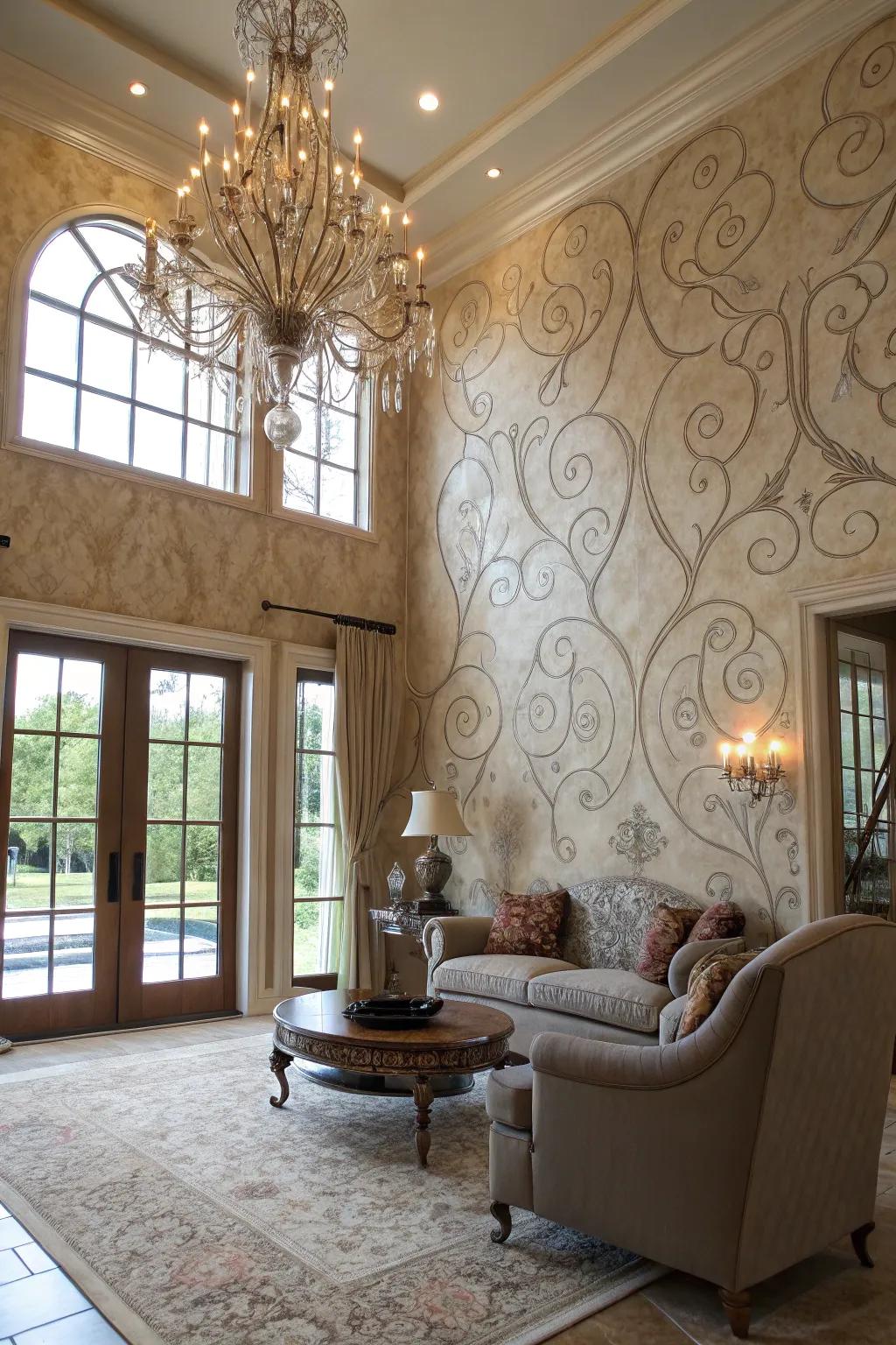 This living room highlights a luxurious Venetian plaster wall.