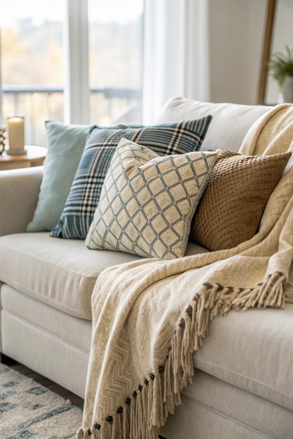 A welcoming setup with a comfortable throw blanket arranged alongside cushions.