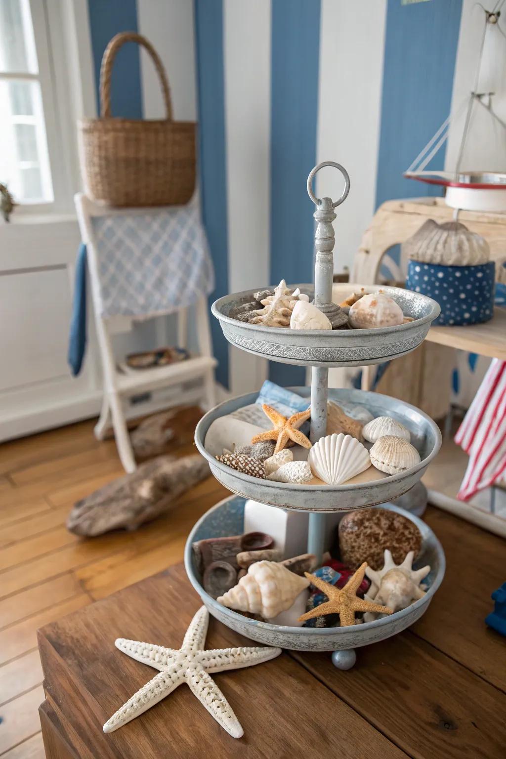 A coastal-themed tiered display encapsulating the essence of the sea.