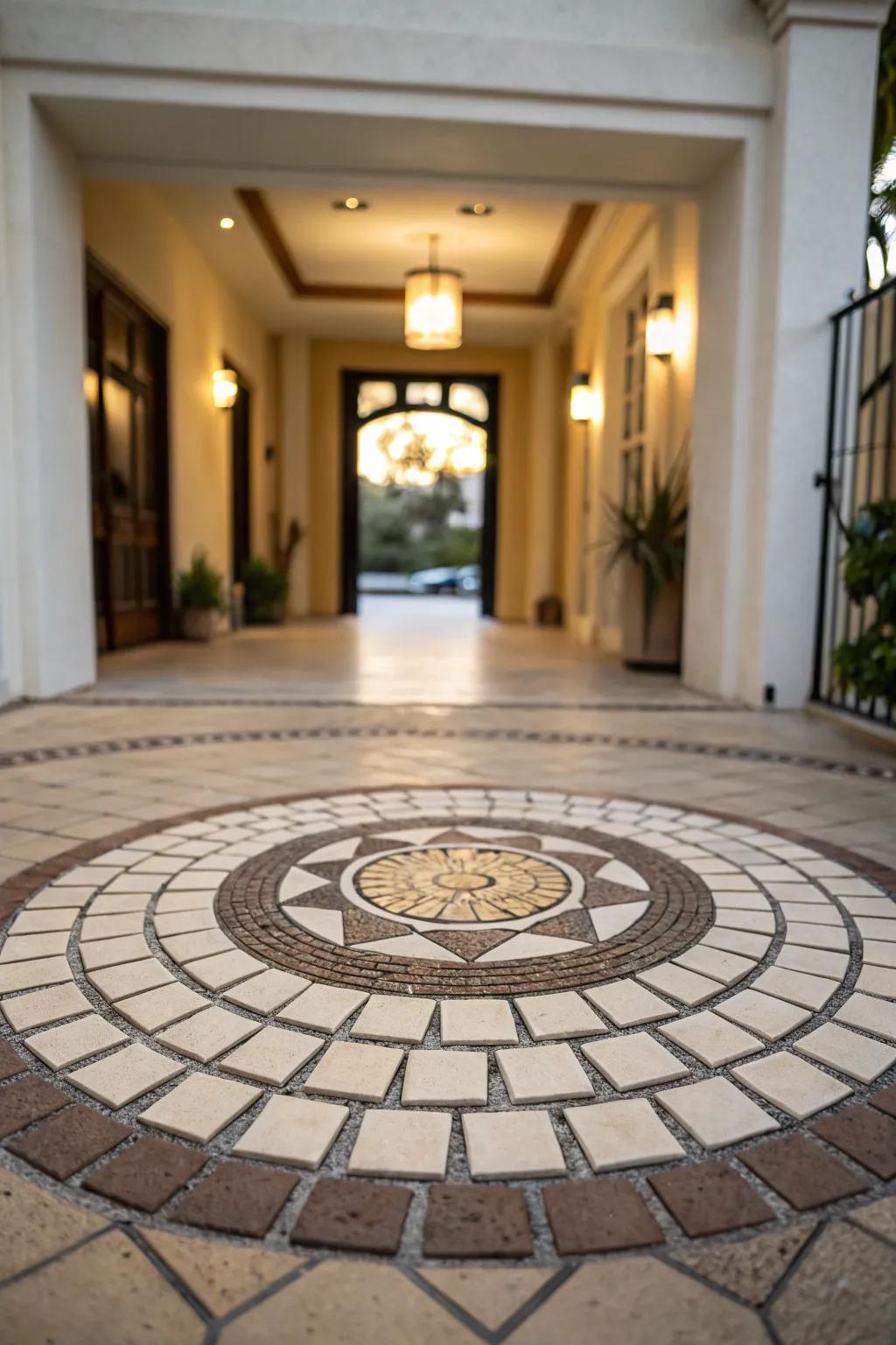 A circular oblong square arrangement creates a daring declaration in this entryway.