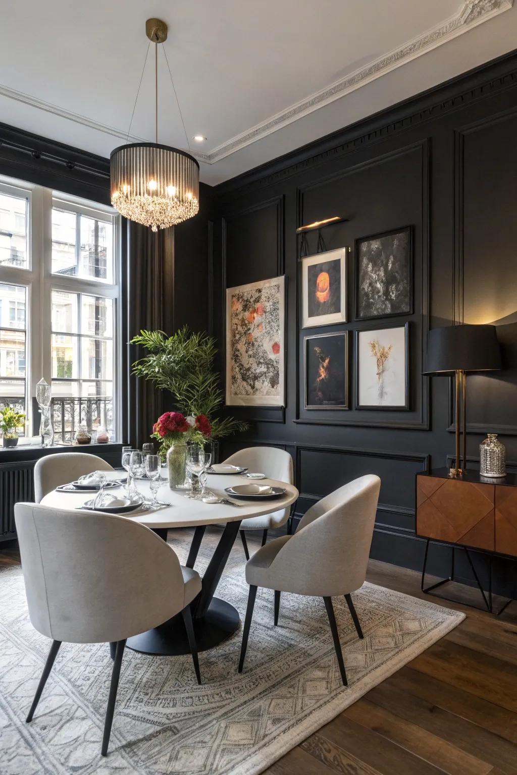 A dining space featuring bold black walls to give it a modern edge.