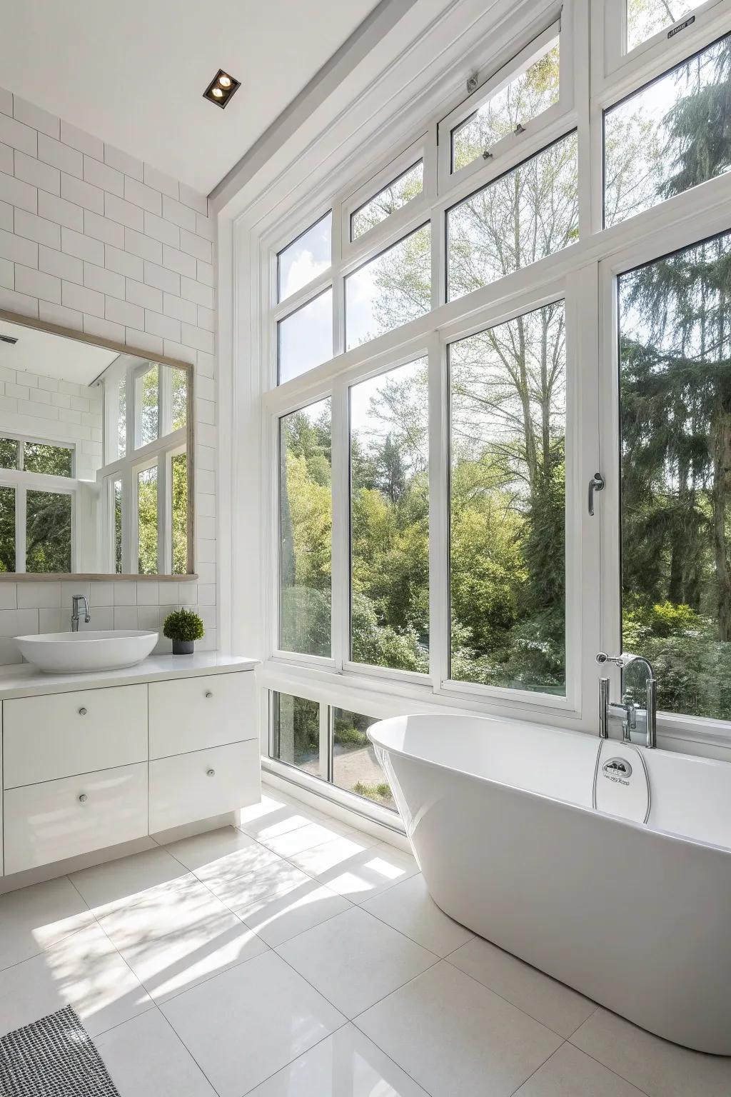 A white bathroom drenched in natural light from large windows, creating a bright and airy atmosphere.