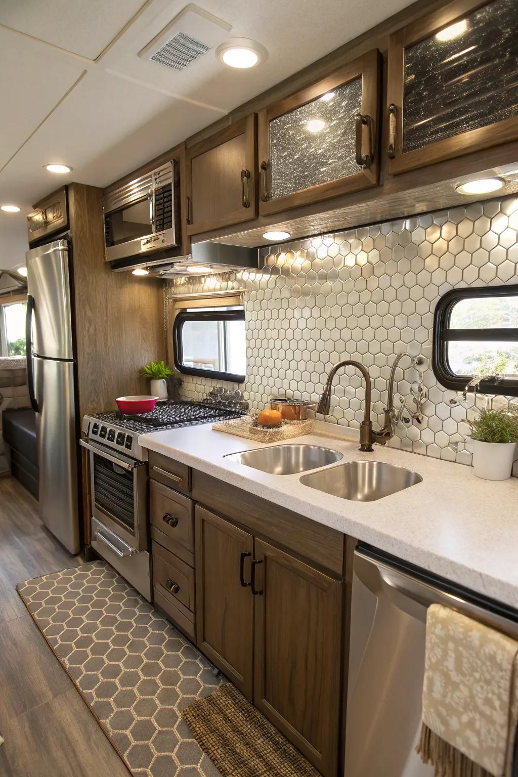 Shiny tiles add a modern and luxurious touch to your RV kitchen.
