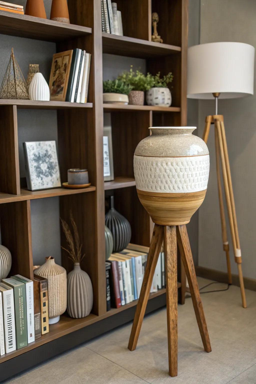 The fusion of diverse materials in tripod vessels provides a dynamic visual encounter.