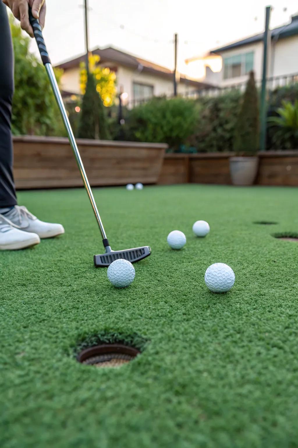 An amusing miniature golf course situated on a synthetic lawn.