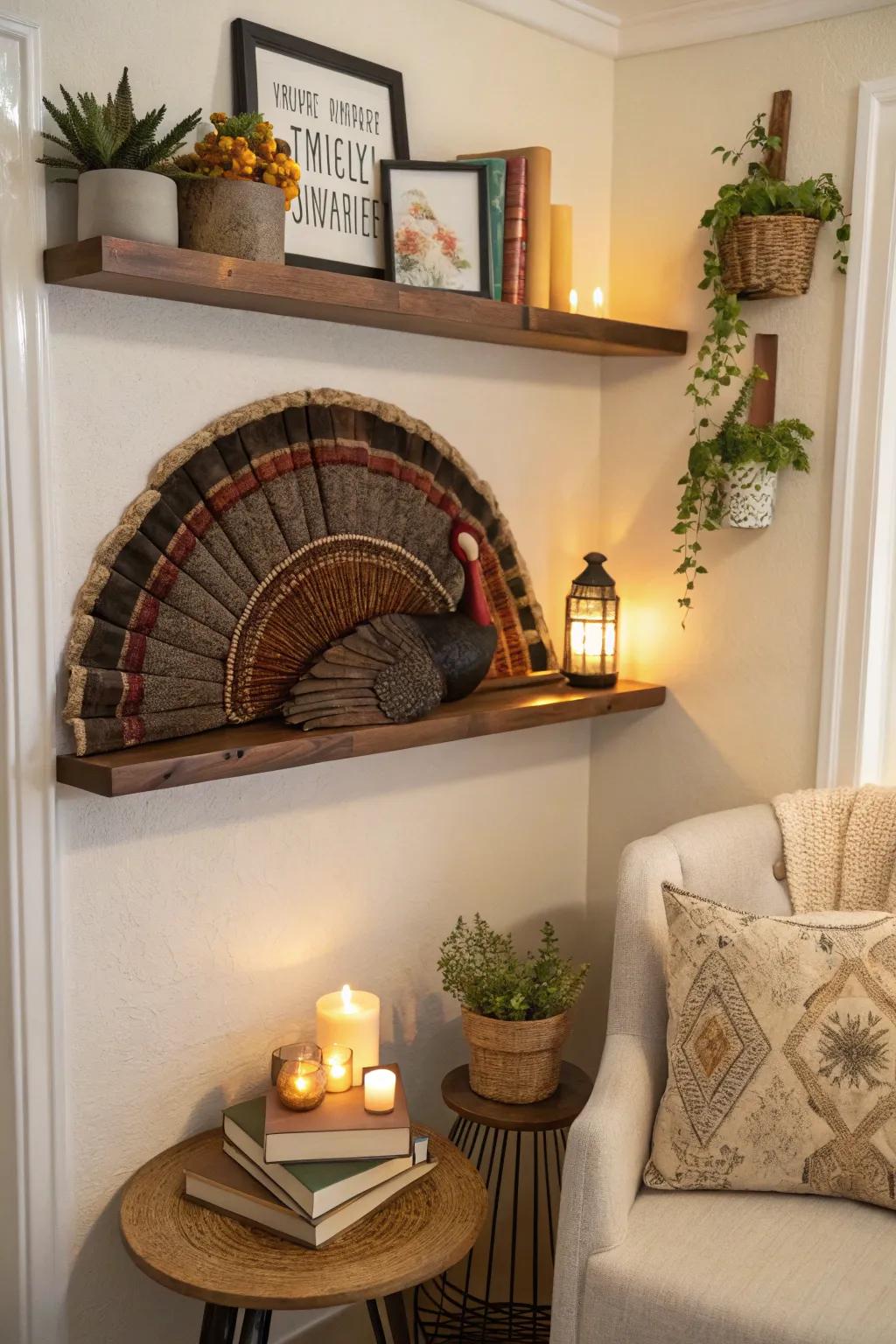 A wall-affixed plinth makes a vibrant display for a turkey fan.