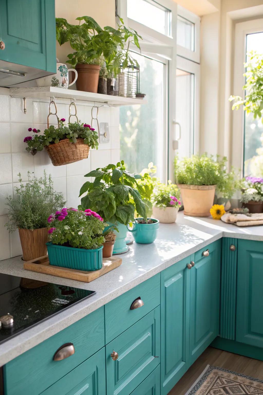 Lush plants injecting life into a turquoise-themed cooking area.