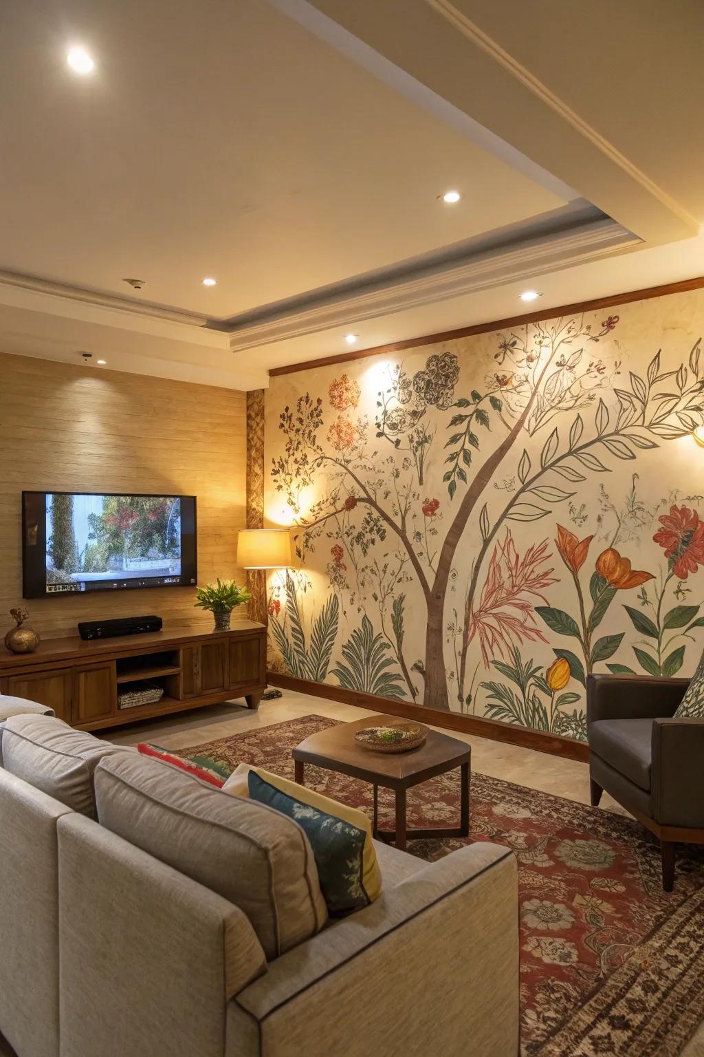 An artistic wall accent integrates the TV into the room’s creative design.