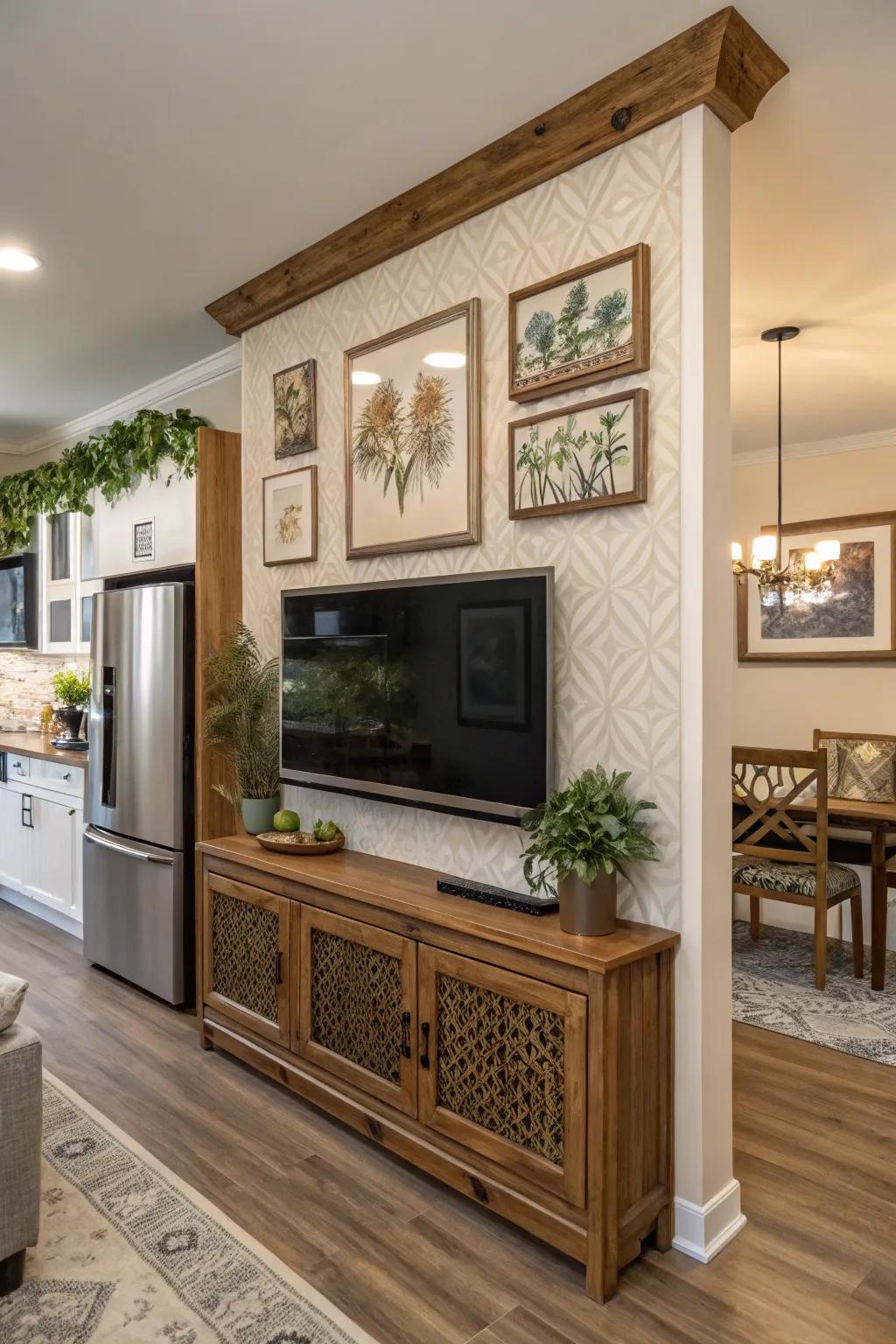 A television in the cooking area that serves as art, sustaining a seamless decor.