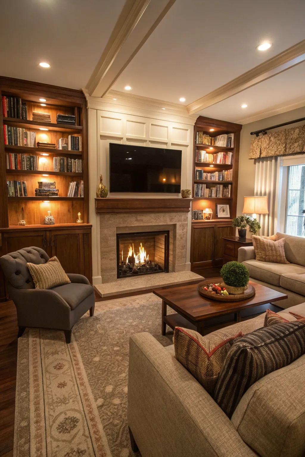 A fireplace enhances warmth and serves as a focal point for any TV room.