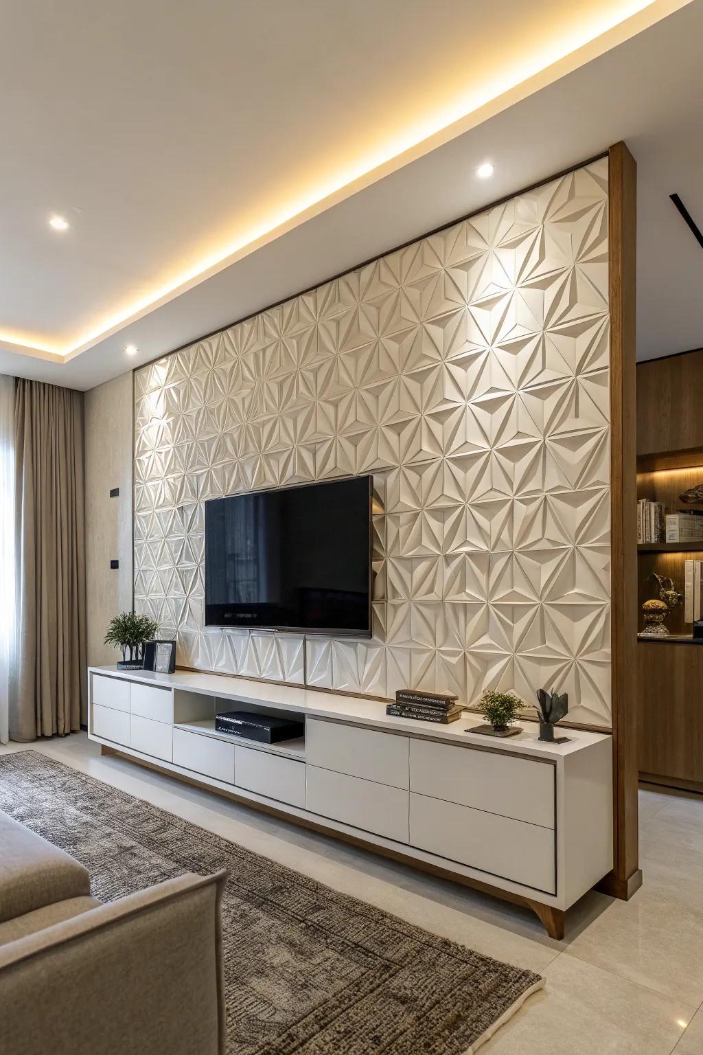 Geometric patterns add a modern twist to this TV wall design.