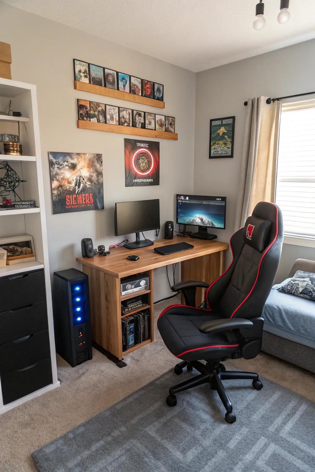 A defined gaming zone inside a tween boy’s space.