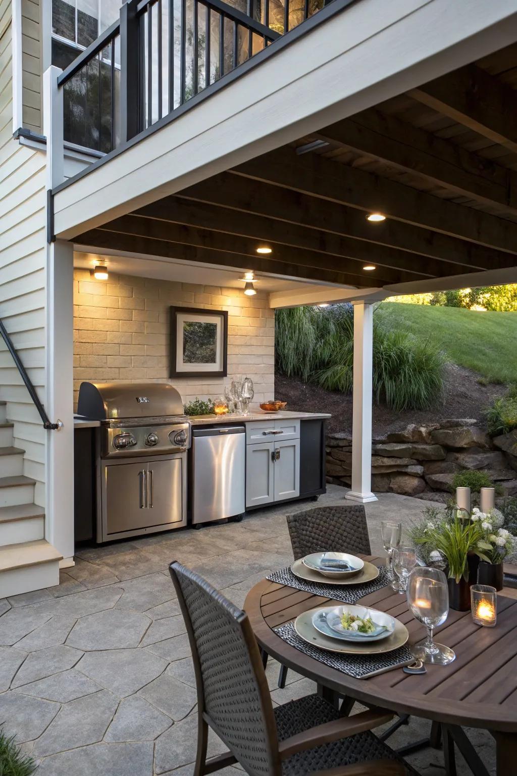 Prepare meals and dine via an exterior cooking space.