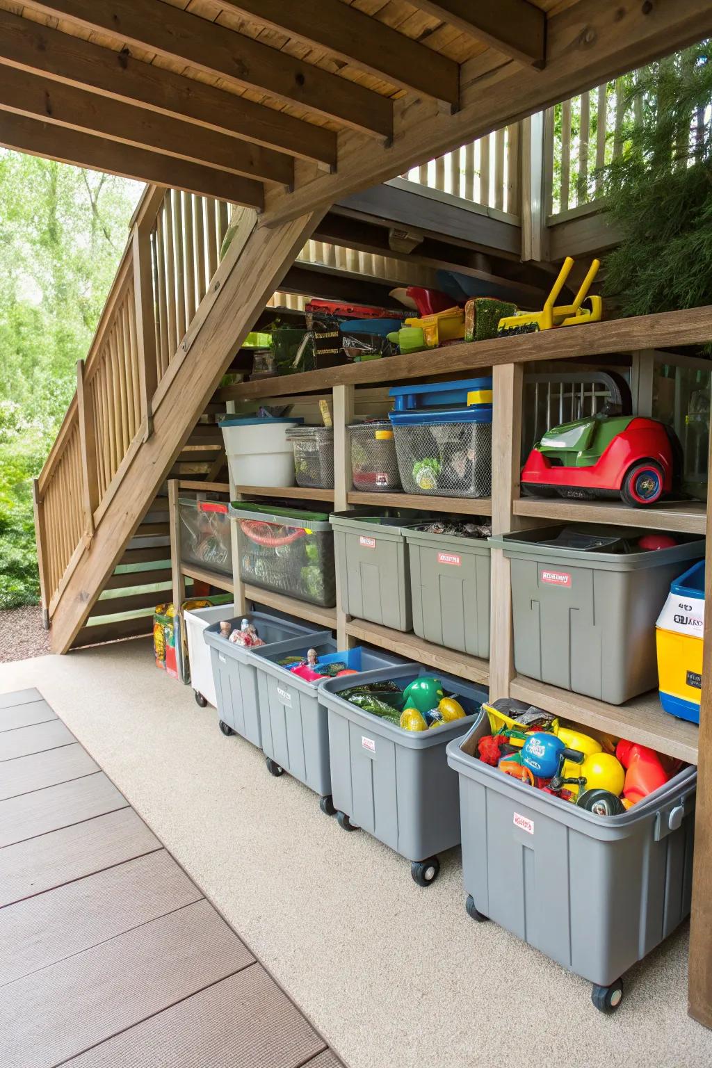 Movable bins provide easy access and mobility for under-deck storage.