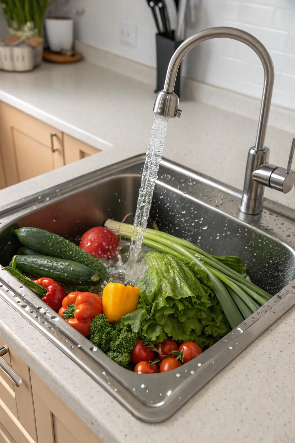 An undermount sink equipped with an efficient strainer for simplified rinsing.