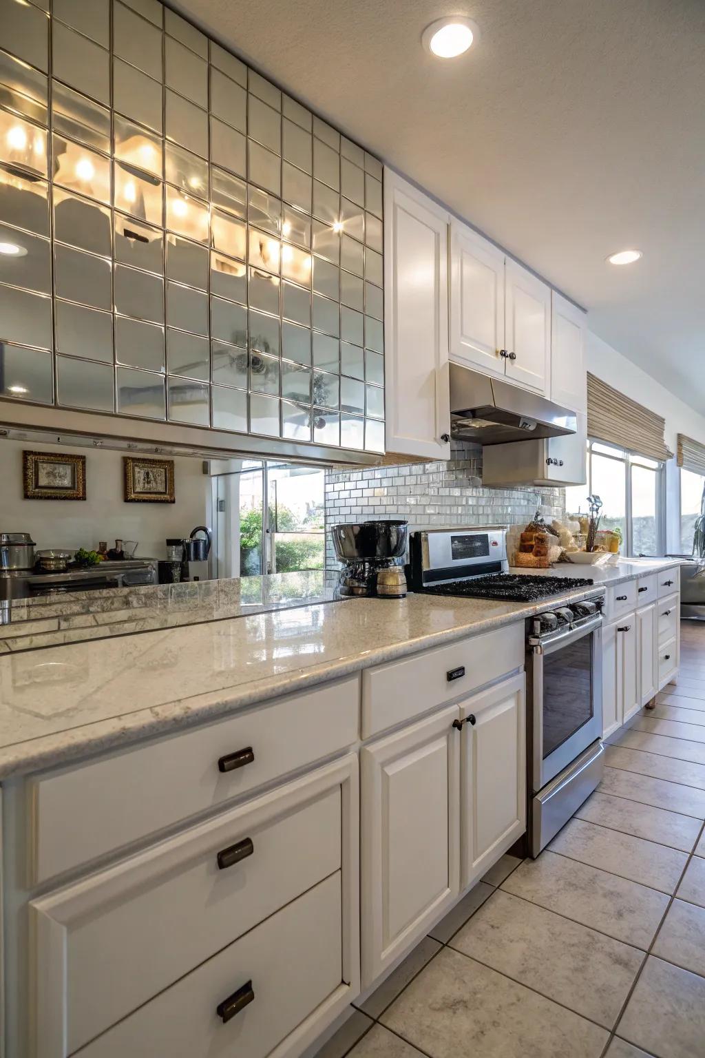 Expand space using glamorous mirrored fixtures.