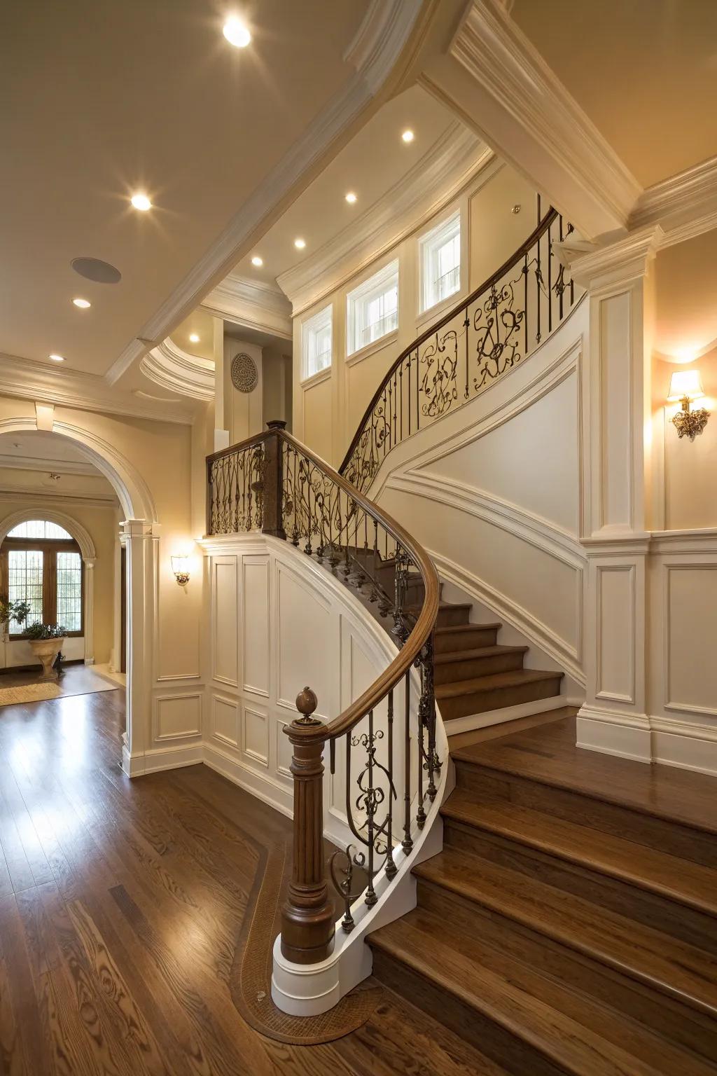 Architectural traits add elegance to the upper hallway.