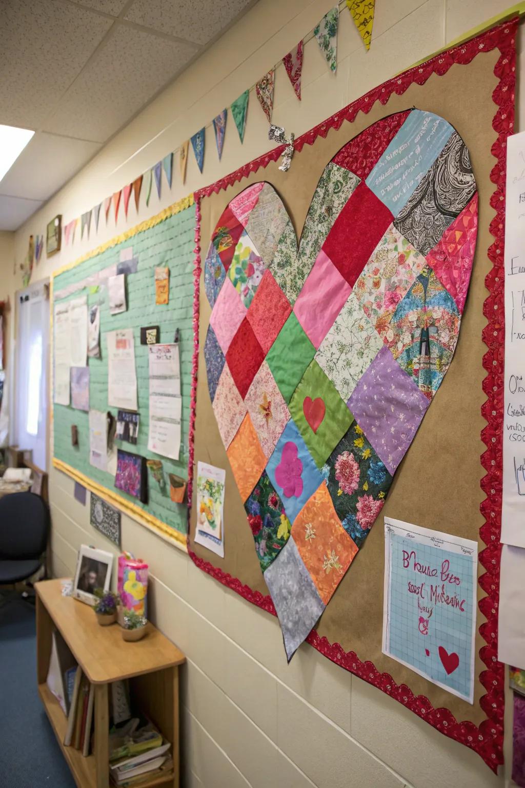 A Patchwork Heart notice board crafted from vibrant fabric or paper.