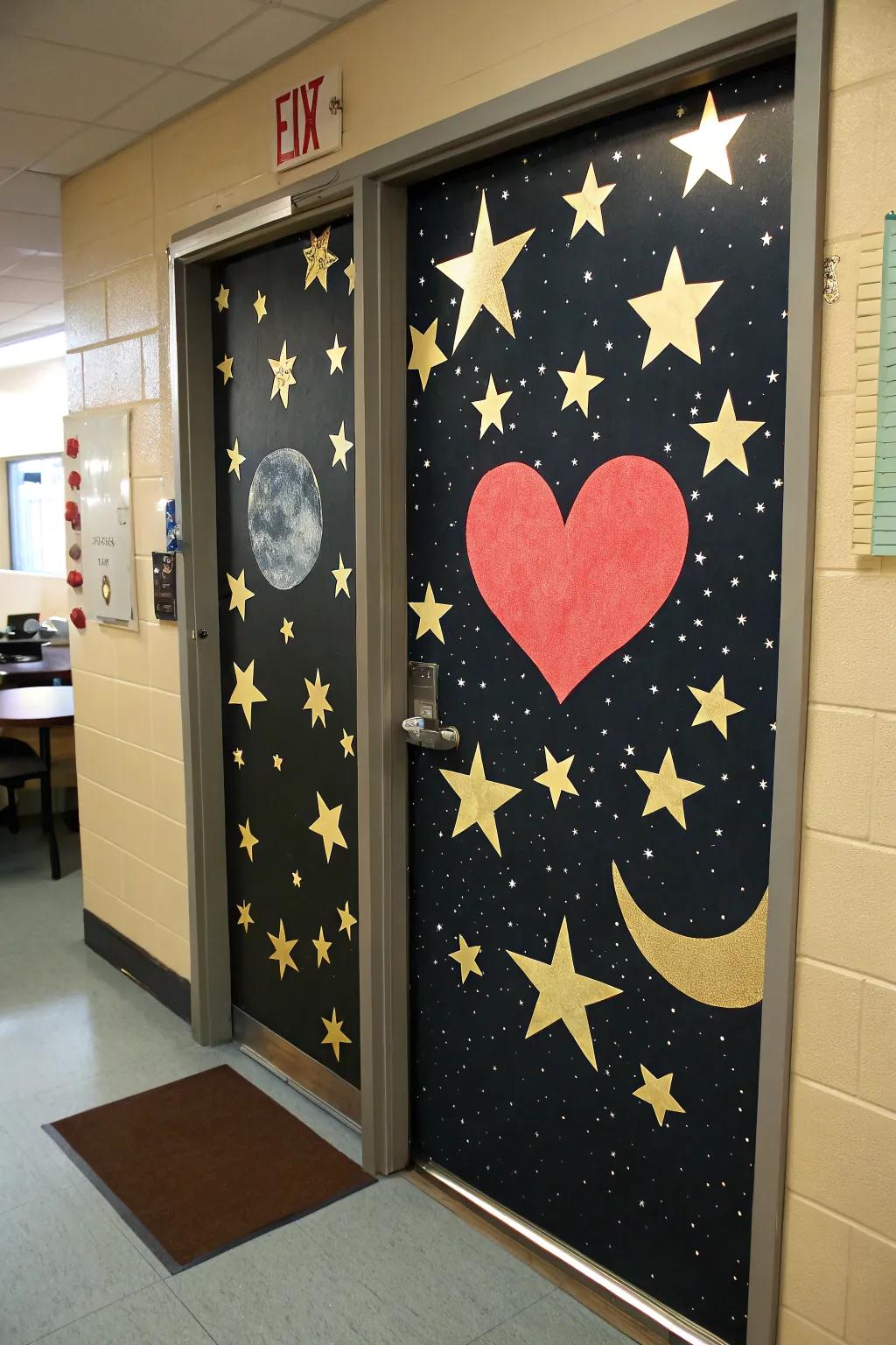 A bewitching classroom entrance with a celestial nighttime motif, accentuating constellations and a central heart.