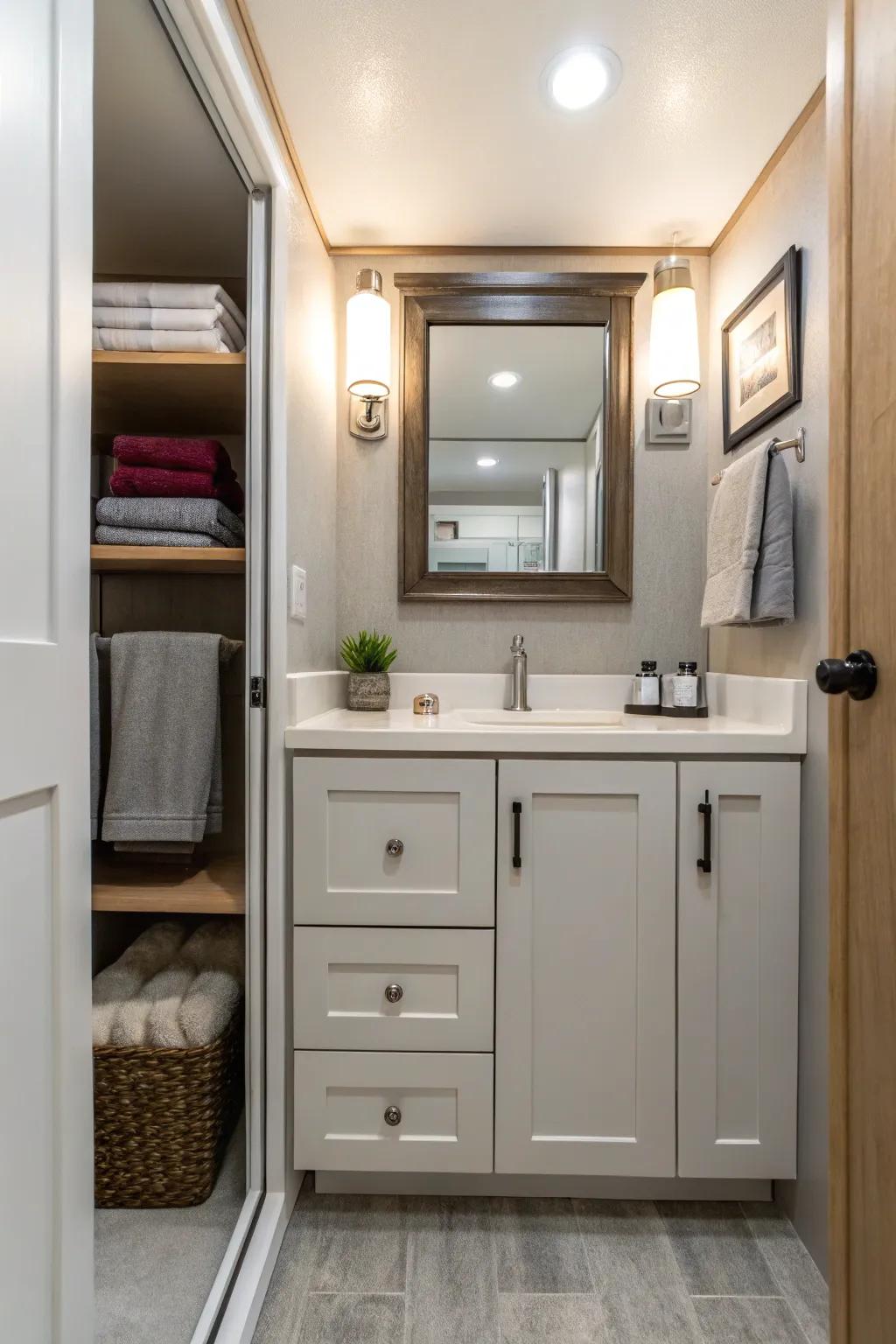A compact lavatory that optimally uses space in a small bathroom.