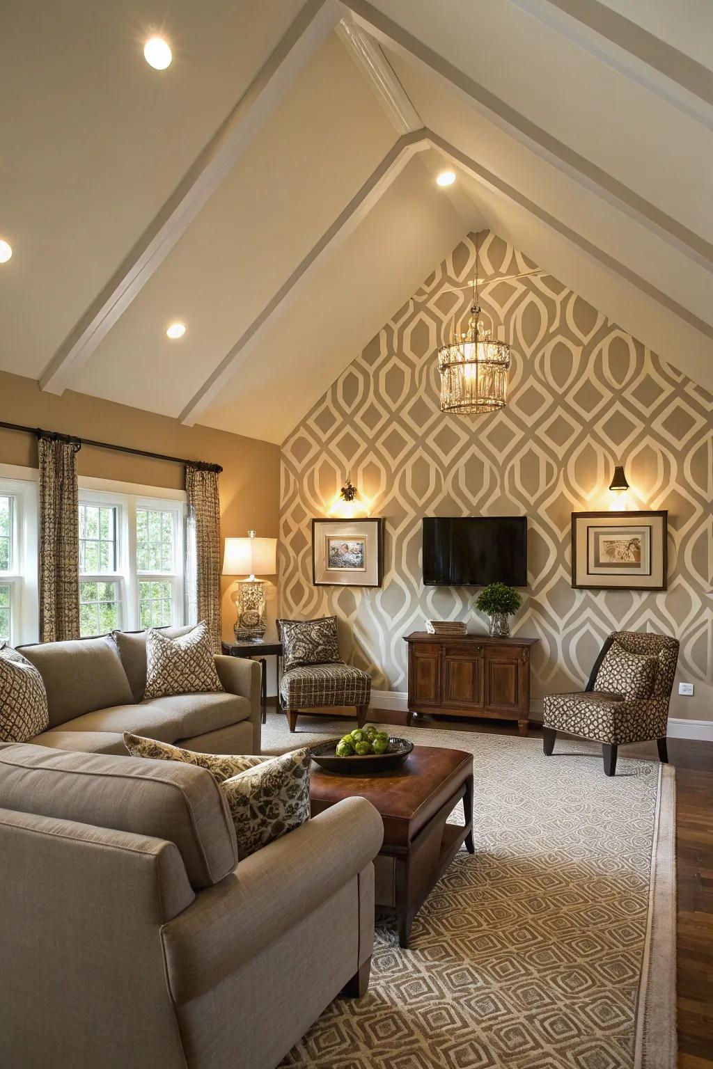 Living room with vaulted ceiling and geometric design feature wall